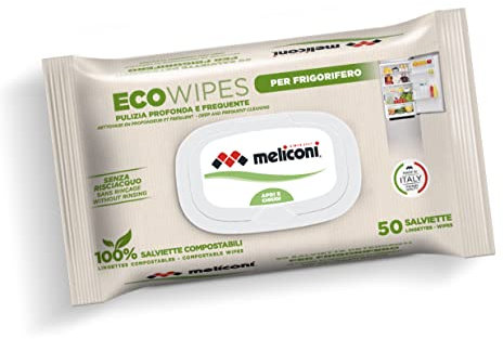 Meliconi Eco Wipes-Salviette detergenti umidificate per la Pulizia del Frigorifero. in Viscosa 100% compostabile, inodore, Bianco, 19x17cm
