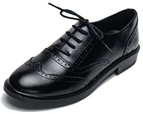 Womens Brogue Leather Oxford Shoes Vintage Lace Up Pointed Toe Flat Pumps Fashion Work Wingtip Office Shoes Black