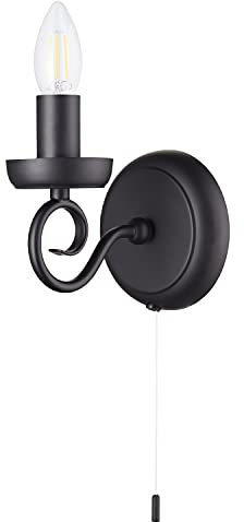 Traditional and Vintage Matt Black Wall Light Fitting with Scroll Arm and Pull Switch | SES 60w Maximum | 17cm x 14cm x 12cm by Happy Homewares