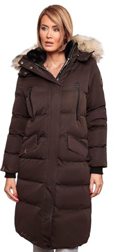 MARIKOO lange Damen Winterjacke warmer Parka gesteppt mit Kapuze B890 [B890-Schneestern-Choco-Gr.XL]