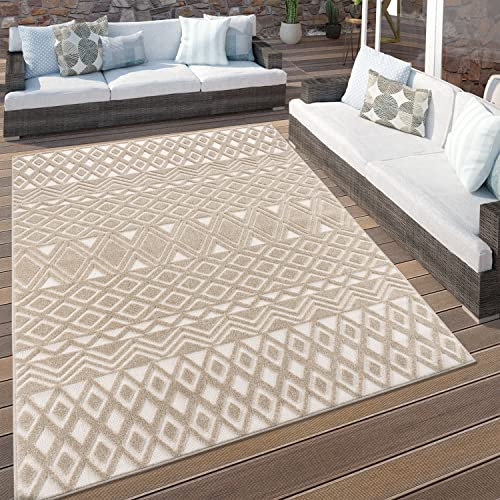 Paco Home Outdoor Teppich Wetterfest Wohnzimmer Küchenteppich Boho Style Skandinavisch Moderne 3D Optik Geometrisch Beige Creme, Grösse:120x170 cm