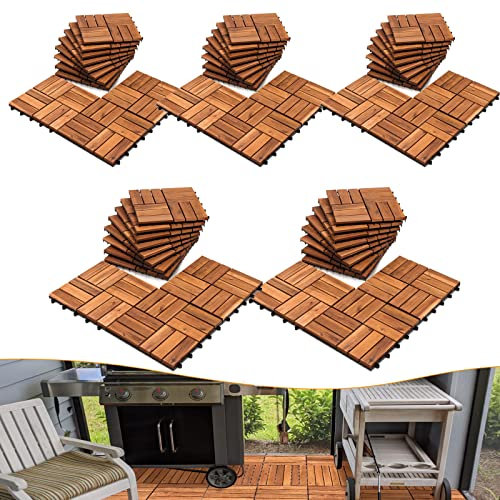 Joparri HolzFliesen, 30 x 30 cm Bodenfliesen, 5 m² Terrassenfliese, Akazienholz, Klicksystem,wetterfest, leicht verlegbar, zuschneidbar, für Patio Platten Balkon Fliesen Garten, Braun, 55 Stück