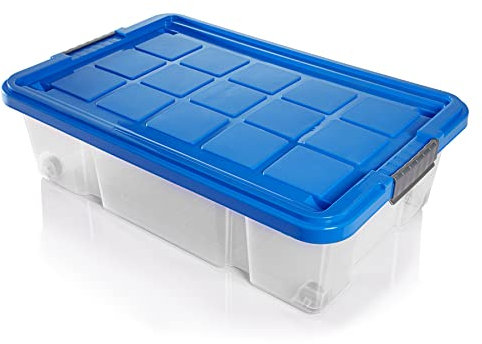 BigDean 4x Unterbettkommode Aufbewahrungsbox mit Deckel 25L azurblau 60x40x17,5cm - mit Rollen + Clipverschluss nestbar - Eurobox Aufbewahrungsbox Storage Box Bettkasten - Made in Germany