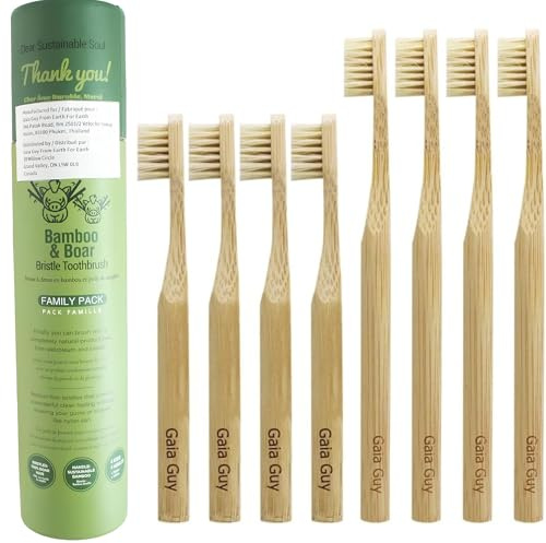 Gaia Guy Natural Bristle Bamboo Toothbrush Family Pack (NO Nylon - Boar Hair ONLY) - Totally Compostable & Biodegradable Boar Bristle and Bamboo Toothbrushes - Zero Waste - 4 Kids and 4 Adults