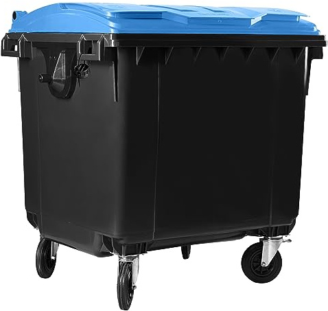 Hardwex Müllcontainer mit 4 Rädern mit Flachdeckel, Müllgroßbehälter, Abfalltonne, Mülltonne, Volumen: 1 100 Liter, Farbe: Grau/Blau, Größe: 1 344 x 1 370 x 1 070 mm