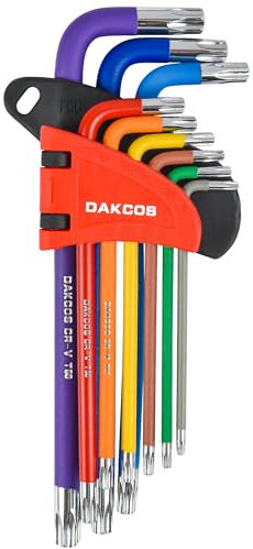 DAKCOS Torx Schlüssel Set T10-T50, 9-tlg Torx Winkelschlüssel Satz mit Stirnlochbohrung, CR-V, für Innen-TORX-Schrauben, in Kunststoffclip