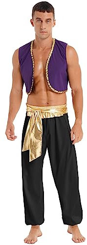 Jan Jean Herren Halloween Thema Party Kostüm Paillett Weste + Hose mit Gürtel Araber Verkleidung Rollenspiel Outfits Schwarz L