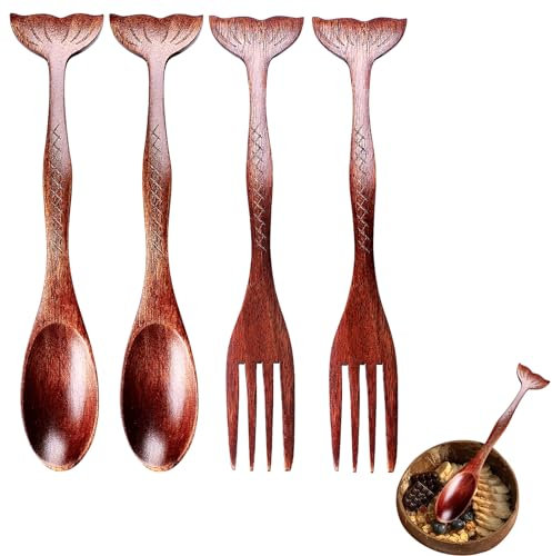 RYXZEN 4 Pezzi Cucchiai da Minestra e Forchette in Legno, Cucchiaio Legno Personalizzato Creativo a Coda di Pesce Posate Legno per Feste Banchetti Buffet Catering Vita Quotidiana (17 L x2.8cm W)