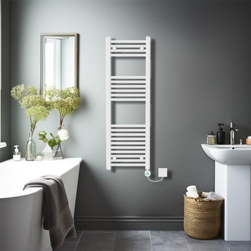 NRG Prefilled Straight Electric Heated Towel Rail Radiator White Bathroom Warmer LCD Screen Thermostatic Heating Element with WiFi 1200x400mm - 600Watt