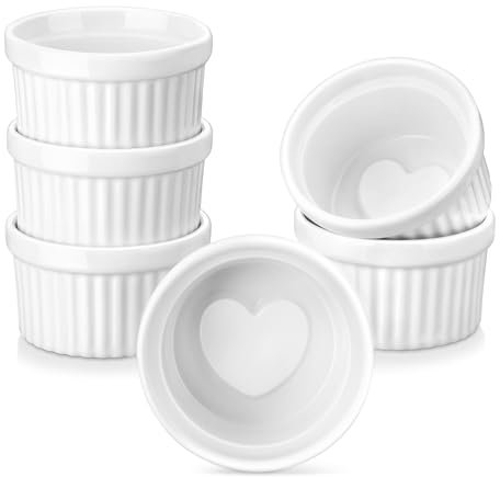 LOVECASA Ramekins 4 oz for Creme Brulee, Porcelain White Ramekin Set Souffle Dishes Oven Safe for Baking and Dipping Sauces Bowls, Heart-shaped Bottom, Set of 6