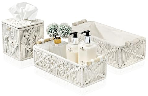 Sorbus Macrame Boho Decor Baskets & Tissue Holder Set - Decorative Woven Baskets for Bathroom Shelves - Lined Storage Set for Organizing Toilet Tank Top - Store Washcloths, Hand Towels, Skincare