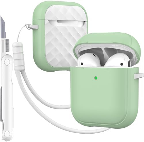 MHYALUDO-Hülle kompatibel mit AirPods 2 Generation mit Reinigungsset, vollständiger Fallschutz mit Trageband, Jugendliche Macaron-Farbe, kompatibel mit Airpods 2 1 Gen-Ladehülle, Grün/Weiß