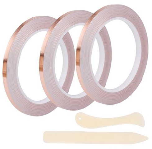 PEUTIER Kit Nastro in Lamina di Rame per Artigianato in Vetro Colorato, 10mmx60m 3 Rotoli Nastro Adesivo Conduttivo con 2pz Strumenti per Schermatura EMI Riparazioni Elettriche Circuiti di Carta