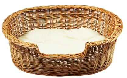 Damian-Wiklina Hundebett – Katzenbett – Hundeliege – Katzenliege – Katzenkorb – Hundekorb aus Weide – Hundekörbchen – BTH 75x54x14/21 cm – mit Ecri-Kissen