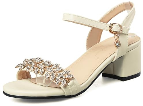 OALEEN Sandales Femme Eté Petit Talon Carré Bride Cheville Strass Nu-pieds PU Cuir Confort Chaussures Ouverte Mariage Beige 39