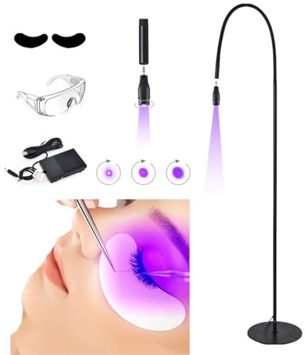 UV Lash Lamp +Eye Patch + Goggles+ Foot Switch, UV Glue Curing Lamp, Adjustable Spot Size, 5 W Flexible Gooseneck with a Length of 70 cm, 395-400nm, Glue Cured in 1-3 Seconds,Black