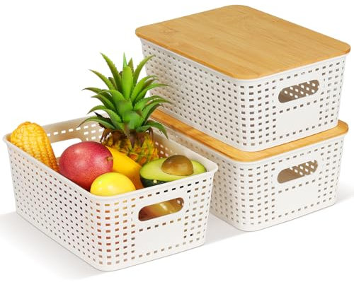 Aufbewahrungsbox mit Bambus Deckel, 3 Stück Kunststoff Korb Aufbewahrung, Stapelbare Aufbewahrungskorb Bad Organizer, Rattan Organizer Box für Küche Schlafzimmer Kleiderschrank Schrank