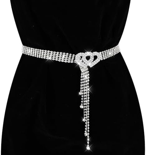 Andibro Strass Taillengürtel für Damen, Kristall Taillenkettengürtel, Verstellbarer Diamant herzförmiger Ring Bundgürtel für Jeans Kleider