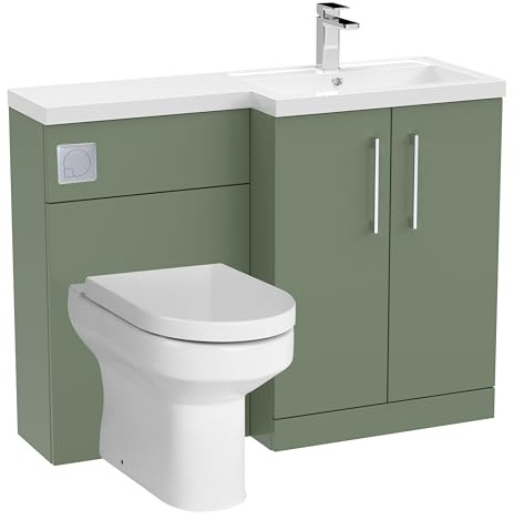 Balterley Vanity Unit with Basin, WC Unit with Toilet Pan, Seat, Cistern, Floor Standing 2 Door Soft Close Vanity, Toilet Pan with Soft Close Seat, Right Hand Bathroom Sink Storage (Green)