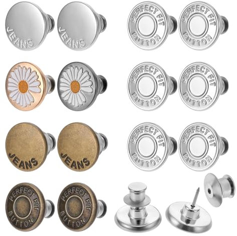 14 Stück Jeans Knöpfe Ohne Nähen, Verstellbare Ersatz Knöpfe Button Pins Metall Hosenknöpfe zum Stecken Wiederverwendbarer Knopfbundersatz für Jeans-Overalls Kleider Mäntel Hemden