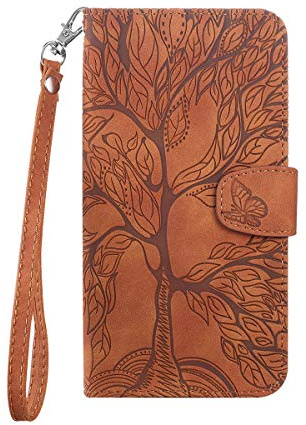 FALUWONRU hülle für iPhone XR,Reliefdesign Baum Muster Leder Stoßfeste Handyhülle Brieftasche Klapphülle mit Kartenfäch Ständer PU Leder Wallet Flip Phone case Cover,Braun