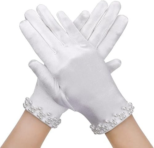 Prasacco Satin Handschuhe, Kurze SatinHandschuhe Weiße Handschuh Braut Handschuhe Damen Elegant Brauthandschuhe Perlenhandschuhe Damen Tanzhandschuhe OperaHandschuhe für Hochzeits Oper Dinner