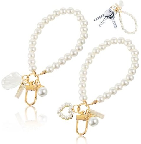 Lot de 2 Porte Clés pour Femme,Porte Clef en Imitation de Perles Dorées,Accessoires de Pendentif pour Sac à Dos,Porte Clef Femme,Porte-clés avec dragonne dorée imitation perles