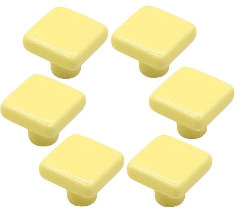 Kacrilidi 6 Pièces Jaune Boutons de Placard en Céramique, Carrés Poignée Tiroir Coloré, Tiroir de Poignée Porte, Poignées Tirage de Meubles avec Vis pour Tiroir, Armoires, Cuisine, Salon
