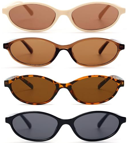 FSMILING 4Pack Retro Oval Cat Eye Sunglasses for Womens Small 90s Vintage Trendy Thin Oval Glasses Sunglasses Womens