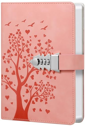 HwxBen Carnet en forme d'arbre en cœur avec serrure – Rose – 244 pages, format A5 (5,8 x 8,4), avec serrure à combinaison et marque-page, parfait pour vos idées créatives.