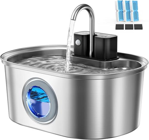 Fontaine à Eau sans Fil pour Chat en INOX – Distributeur Automatique à Piles avec capteur, Pompe silencieuse, Filtration Multiple, avec 3 filtres de Rechange, pour intérieur
