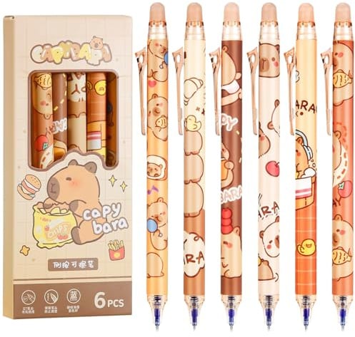 Eymobad 6 Stück Capybara Stifte,Capybara Gelstifte Radierbar,0.5MM Cartoon Tier Kugelschreiber Radierbar,Studenten Geschenk Schule Bürobedarf Schulsachen(Blaue Tinte)