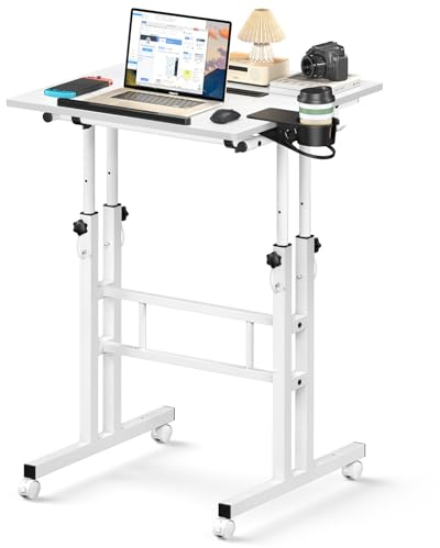 Enayplon Small Standing Desk with Wheels, Mobile Stand Up Desk, Portable Standing Table on Wheels for Walking Pad, Rolling Computer Desk Adjustable Height, Tall Table