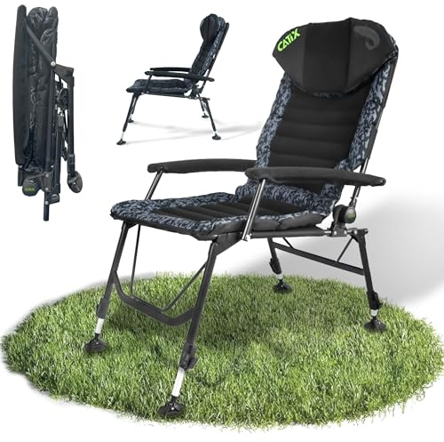 Catix D-Camou Chair Angelstuhl – Bis 120kg Tragkraft – Verstellbare Rückenlehne bis Liegeposition – Black/Grey Camou Design – Gepolstert mit Armlehnen & Kopfkissen – Stabiler Stahlrahmen