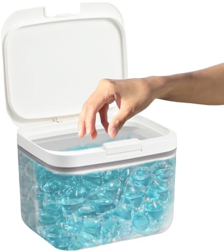 YUNYOUC Laundry Pods Container, Automatic Pop-Up Dishwasher Pod Holder, Large Capacity Holds 4.5L, Sealed Laundry Pods Case with Measuring Cup for Bathroom, Kitchen Organisation (4.5L)