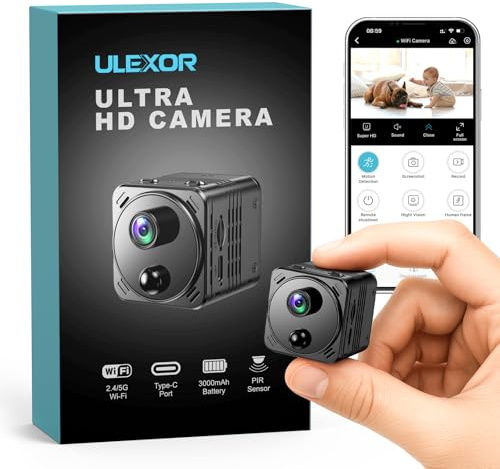 ULEXOR Mini Caméra Espion sans Fil 4K WiFi 2,4 GHz et 5 GHz pour Surveillance avec Détection de Mouvement AI, Vision Nocturne Infrarouge, Objectif Grand Angle 150°, Batterie Longue Autonomie