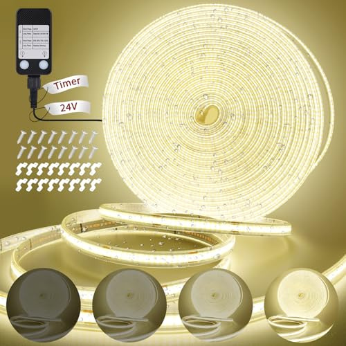 StarryEver COB LED Streifen Außen Strom, 10M 3200LED Neutralweiß IP67 Wasserfest LED Stripes Dimmbar Outdoor, Lichtband LED Selbstklebend, LED Band für Garten Balkon Küche Innen Wohnzimmer