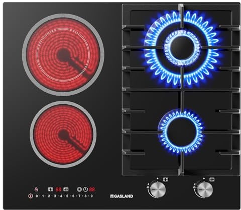 GASLAND GCH604BF Piano de Cuisson gaz et vitrocéramique 60 cm, brûleur gaz puissant 5200 W avec brûleur wok, vitrocéramique 2900 W, piano encastrable en verre noir à 4 zones, gaz naturel/GPL
