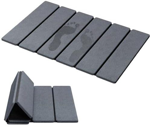 Luxspire Stone Bath Mat Foldable, Quick Drying Diatomaceous Earth Bath Mat for Bathroom, Large Bathroom Rug with Non-Slip Rubber Base, Easy Clean Shower Mat Outside Shower, 24 x 16 Inch, Dark Gray