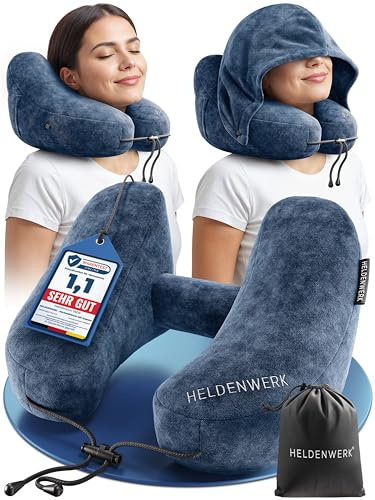 HELDENWERK® Premium Air Nackenkissen Flugzeug aufblasbar Reisekissen Auto | ErgoRing-Design, 5 Schlafpositionen, Mit abnehmbarer Kapuze, Sekundenschnell aufblasbar, 100% dicht, Kompakt zusammenfaltbar