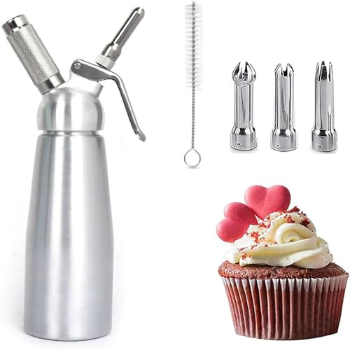 YOUNIEYO Sahnespender 250mL mit 3 Edelstahl Spritztüllen und 1 Bürste, 0,25L Sahnebereiter Sahne Spender Aus Aluminium für Heiße und Kalte Cremes Schlagsahne Soßen
