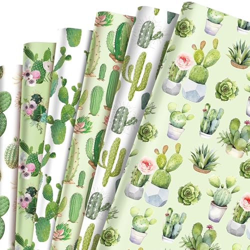 12 Sheets Green Cactus Wrapping Paper, Desert Plant Gift Wrapping Paper Roll, Women Girls Gift Wrap for Birthday Bridal Baby Shower Wedding Valentines Christmas Party Supplies, 6Styles