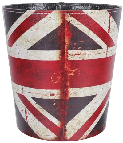 HOMSFOU European Style Vintage Leather Waste Storage Bucket with Union Jack Pattern, Large Open Household Waste Paper Bin for Office and Living Room, Decorative Trash Container