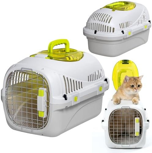 Peluvio Safy Katzentransportbox Hartschale mit Metalltür, Doppelsicherung | Belüftung, Sichtklappe Oben, Versenkbarer Tragegriff, Bodenrost Herausnehmbar für Hygieneeinlage, Napf, für Auto, bis 5 kg