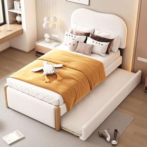 Polsterbett mit Ausziehbett Weiß Bettgestell 90x200cmfür das Jugendzimmer Einzelbett gepolstert Gästebett massiv belastbar 150kg Funktionsbett inklusive Lattenrost