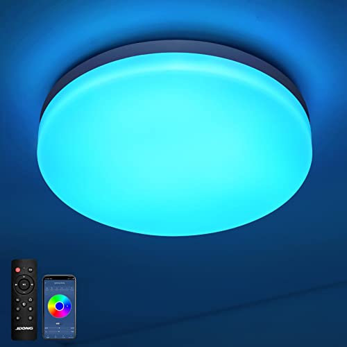 JDONG Plafón Bluetooth 24W Plafón LED con altavoz, mando a distancia y control APP, cambio de color RGB, regulable, IP44 impermeable, ruido blanco regulable para baño Ø26CM