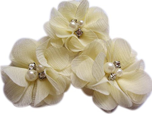 YYCRAFT 20 Stück Chiffon Blumen mit Strass und Perlen Hochzeit Dekoration/Haar Accessoire Handwerk/Nähen Craft(Cremefarben,5cm)