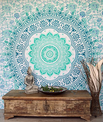 GURU SHOP Boho-Style Wandbehang, Indische Tagesdecke Mandala Druck- Smaragdgrün, Baumwolle, 230x210x0,3 cm, Bettüberwurf, Sofa Überwurf
