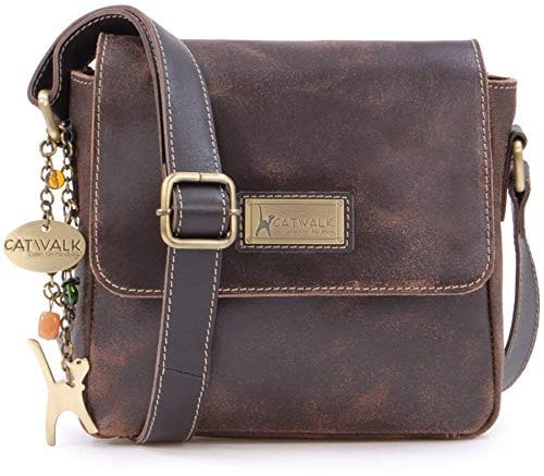 Catwalk Collection Handbags - Damen Antik-Leder Umhängetasche - Crossbody Bag Klein - Messenger Bag - Verstellbarer Schultergurt - SABINE - Braun