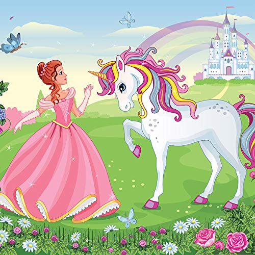 Forwall Fototapete Vlies Tapete Prinzessin Kinderzimmer - Mädchen Einhorn Schloss Blumen Moderne Wanddeko Wandtapete für Kinder 13238V4 254cm x 184cm